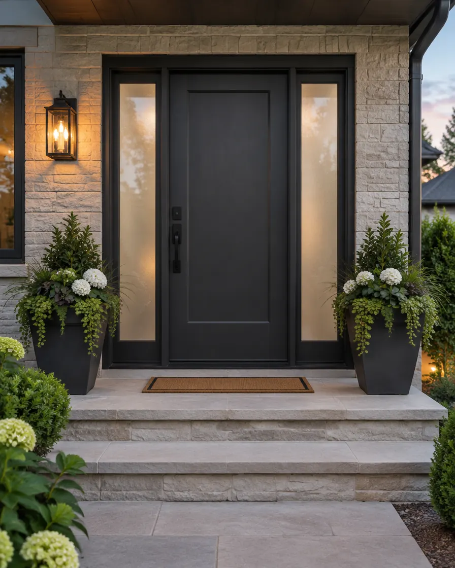 Charcoal front entry door with frosted glass sidelights and stone steps