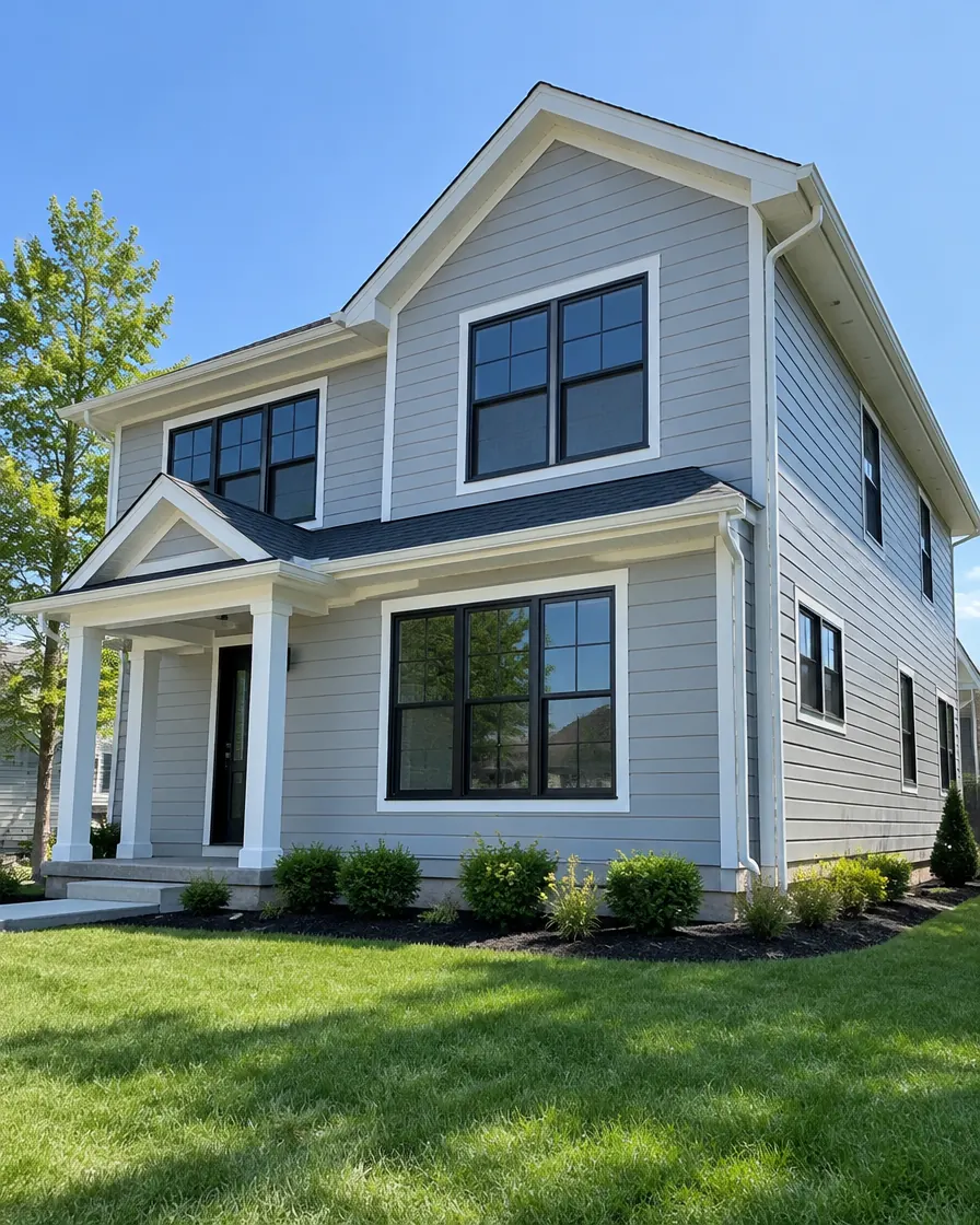 Two-story home with new light gray lap siding, white trim and black windows