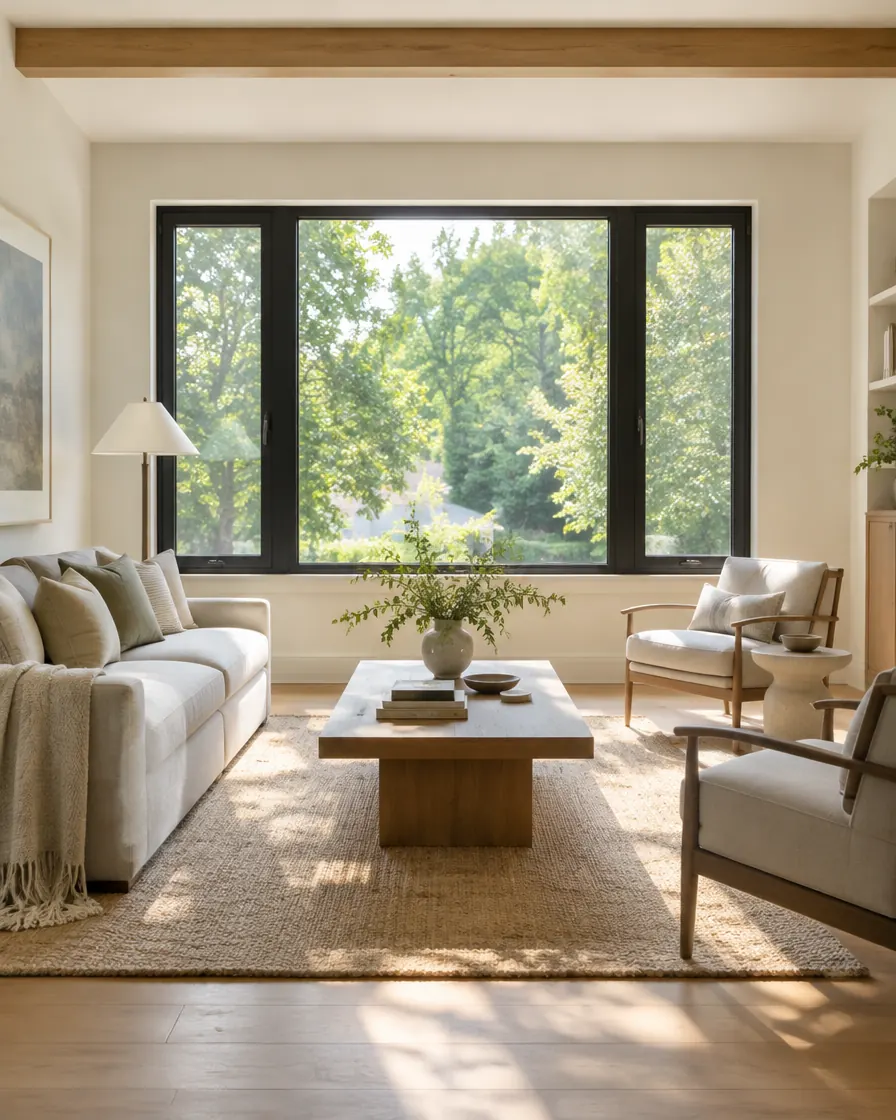 Sunlit living room with a large black-frame picture window flanked by casement windows