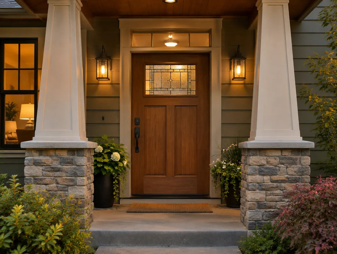 Craftsman-style front entry door with decorative glass and a transom