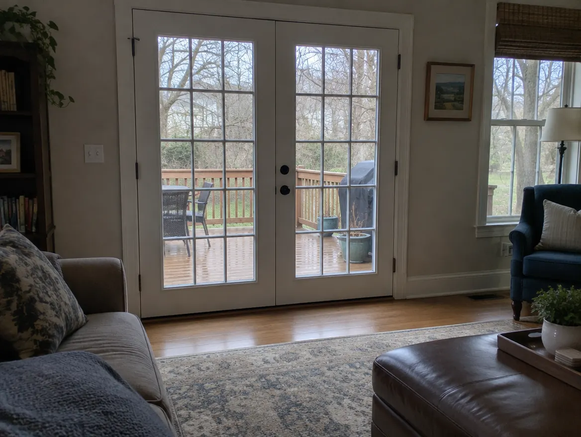 White French doors with divided glass leading from a family room to a deck