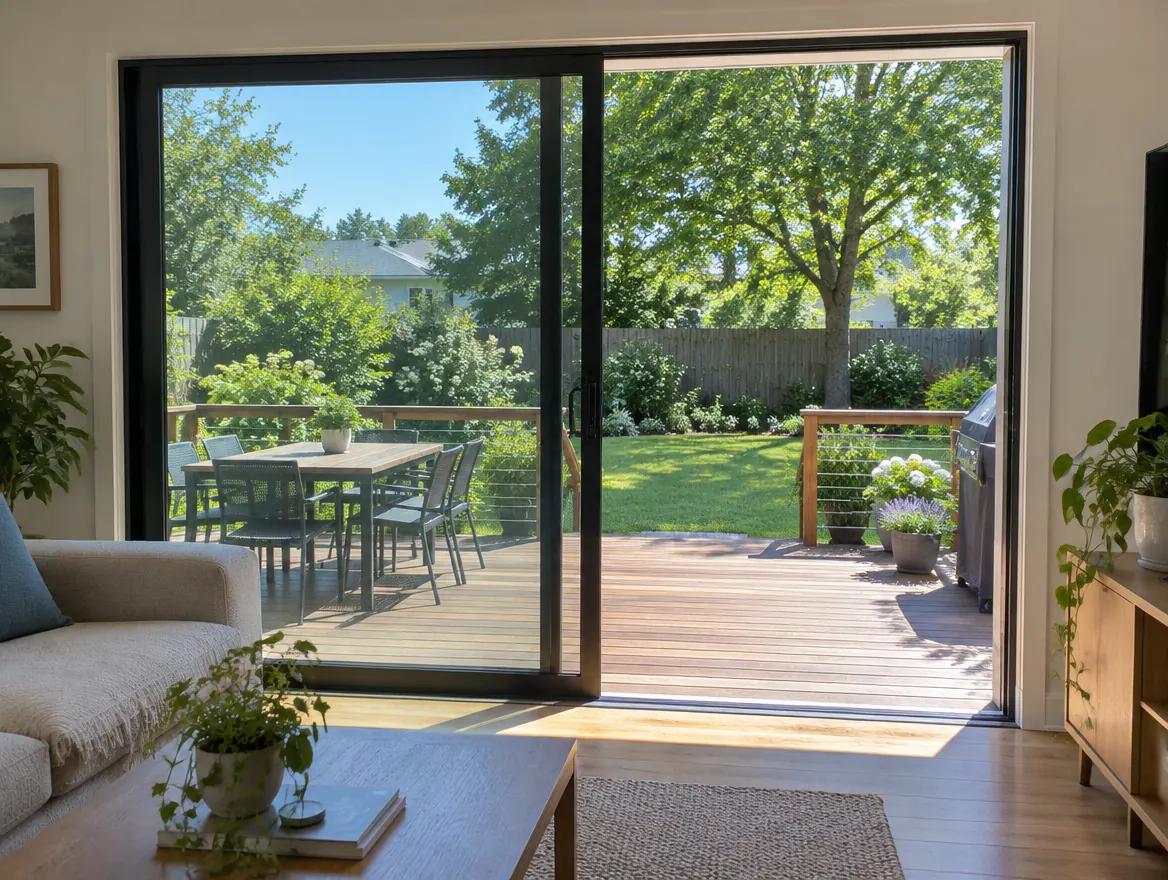 Sliding glass patio door opening from a family room onto a deck