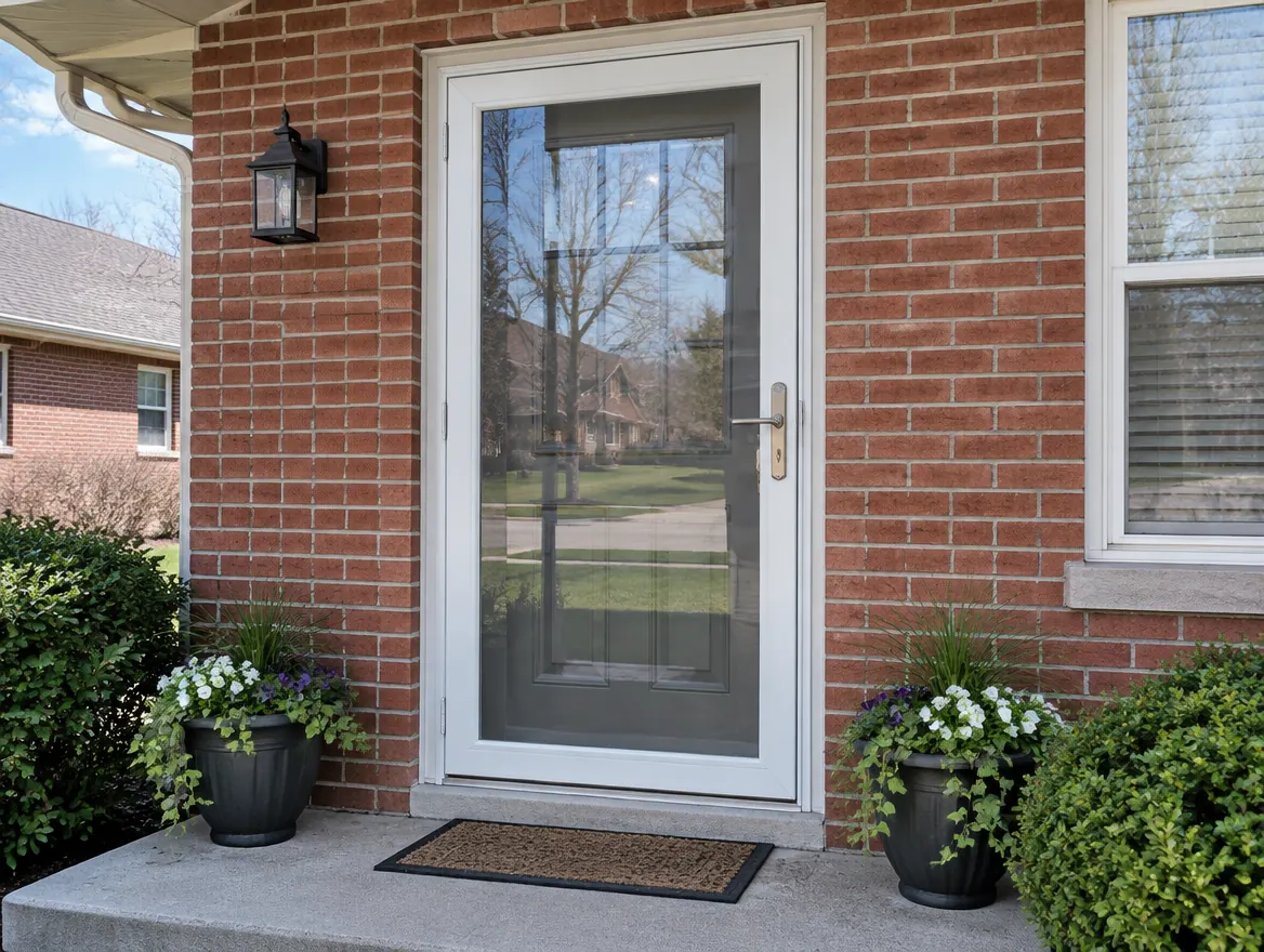 Full-view glass storm door over a front door on a brick home