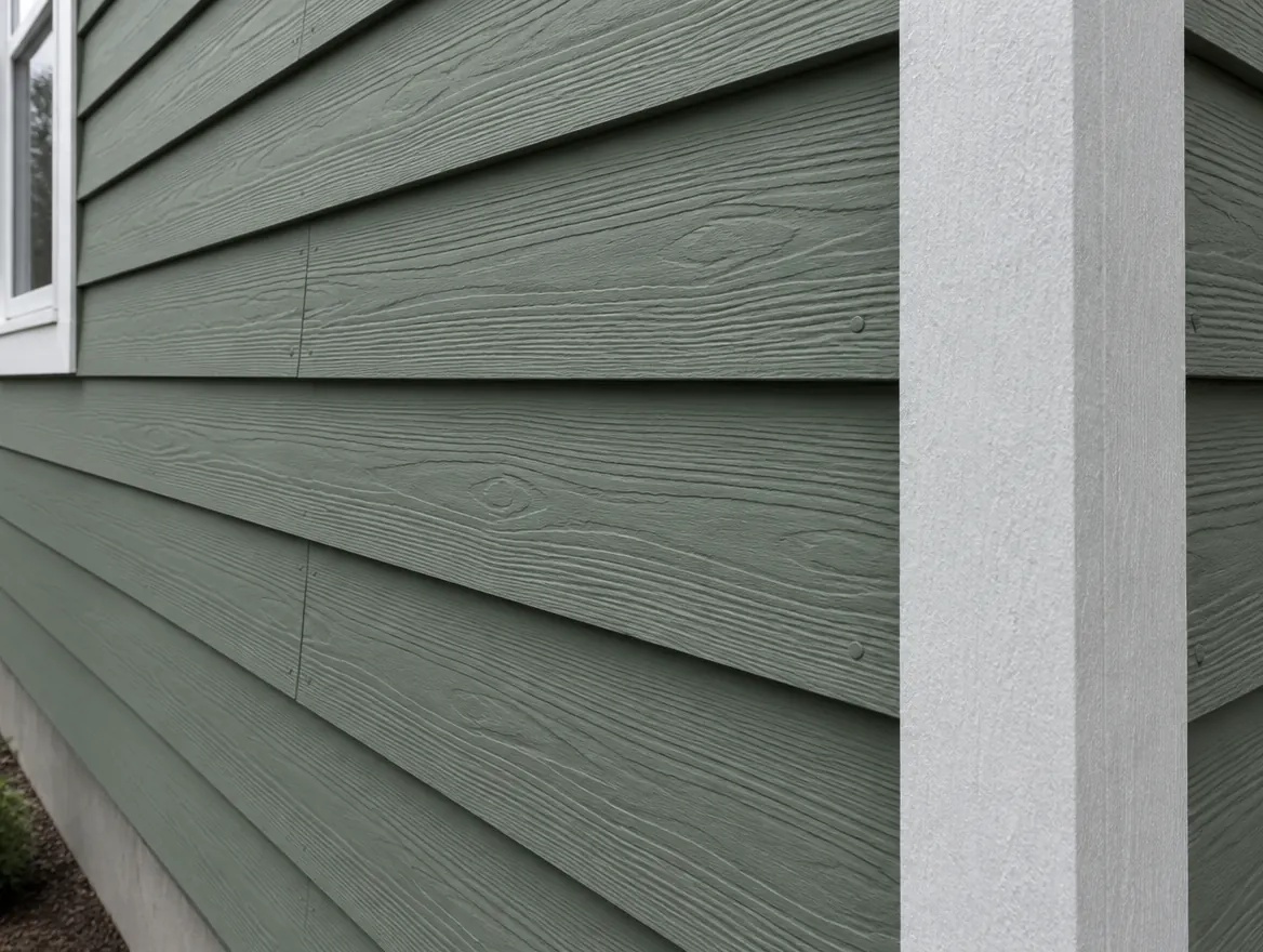 Close-up of painted sage green fiber cement lap siding with wood grain and a white corner trim board