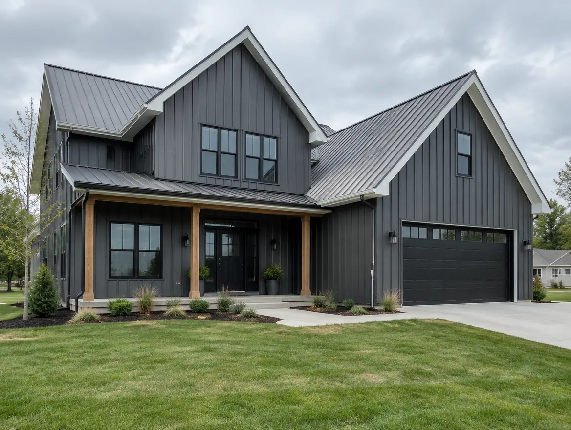 Modern farmhouse with charcoal steel siding and black windows