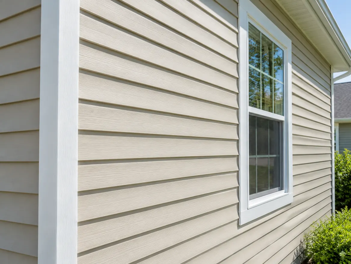 Close-up of light beige vinyl lap siding with white trim
