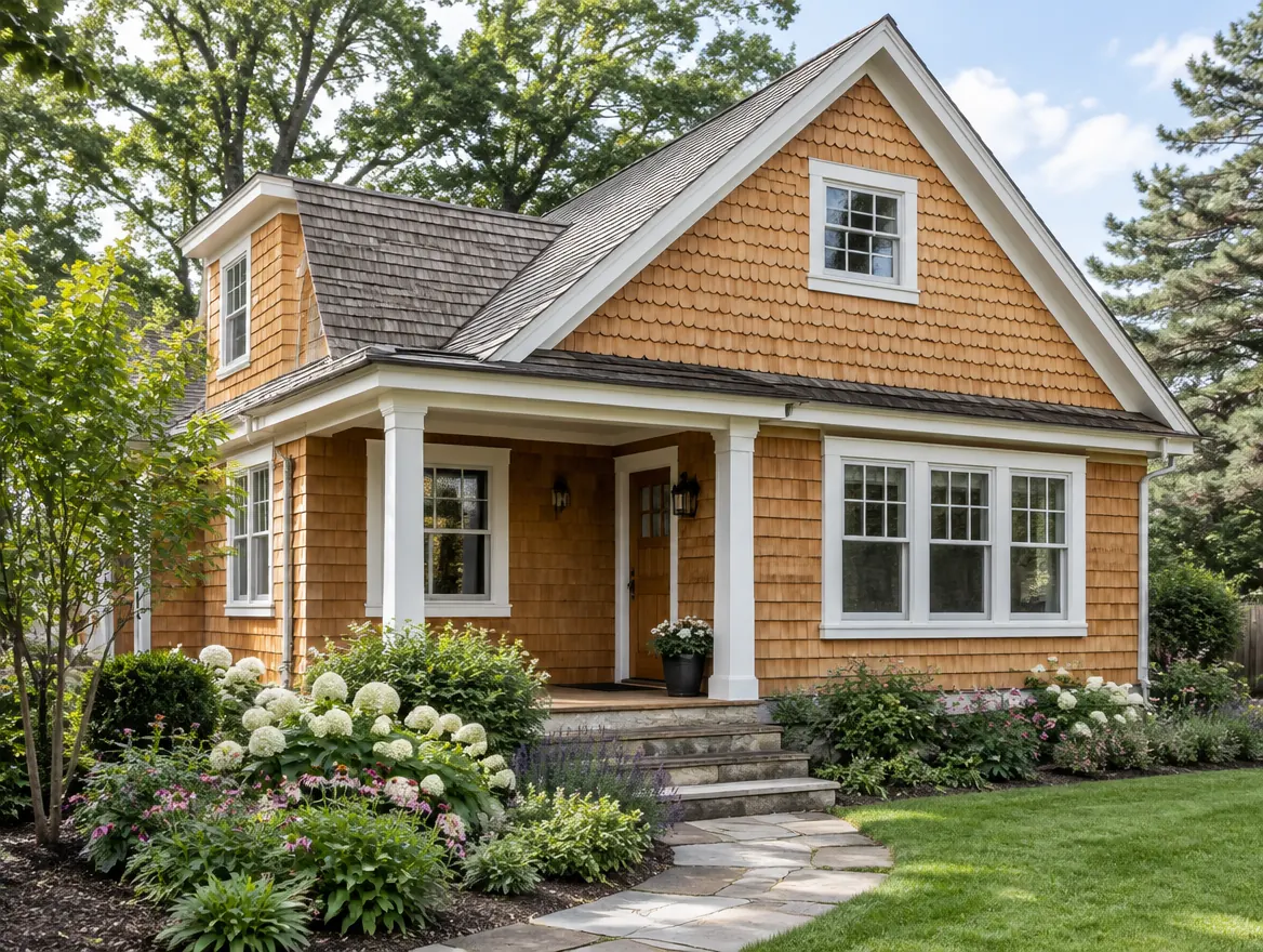 Cottage-style home finished in natural cedar shake siding