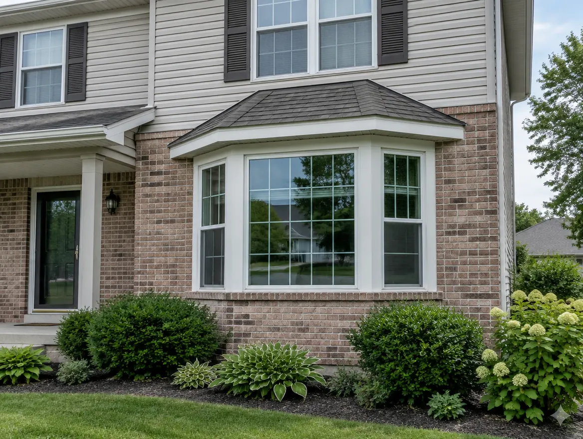 Suburban home with a three-panel bay window projecting from the front