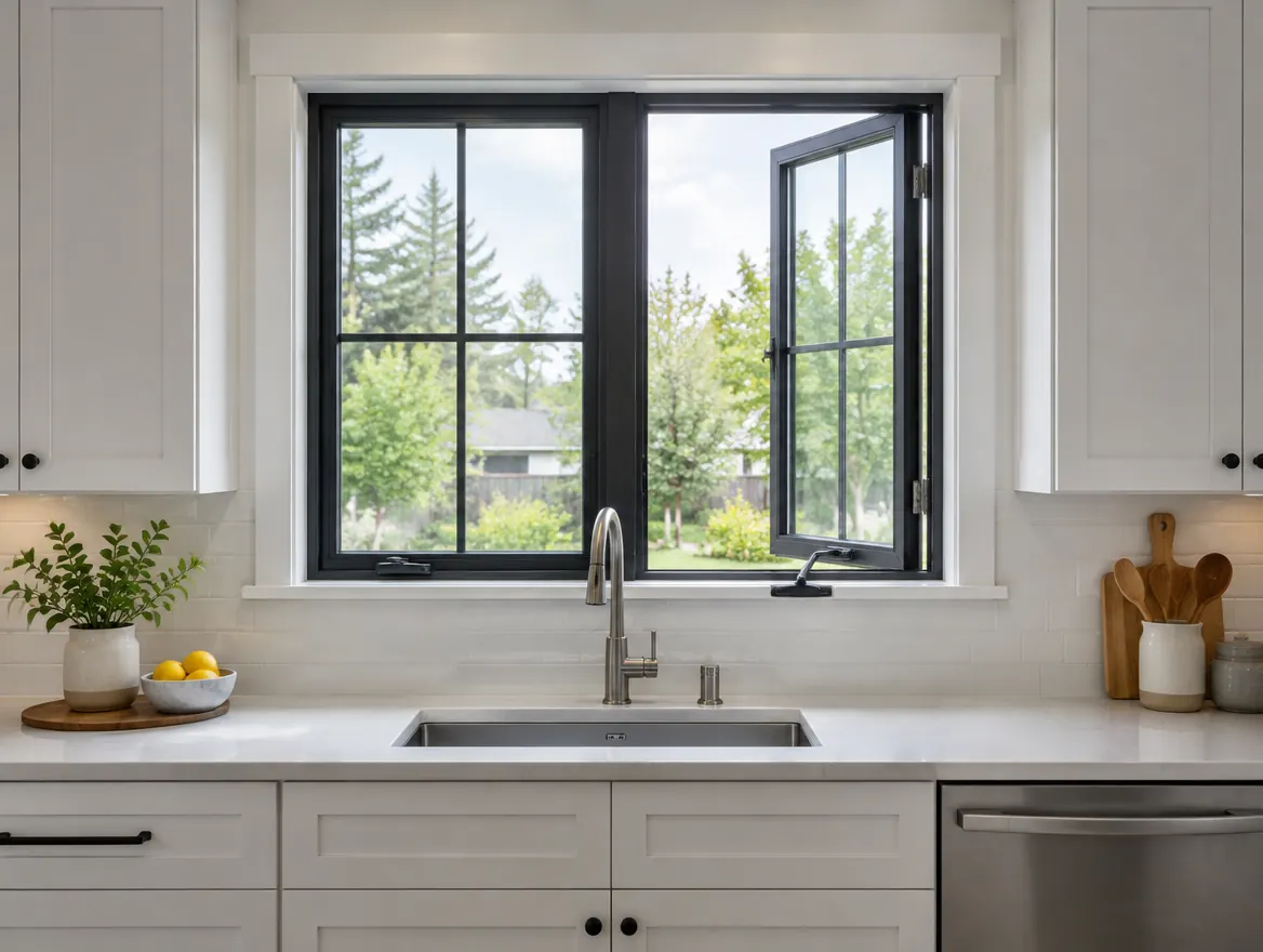 Black casement windows above a kitchen sink, with the right sash cranked open on its side hinge