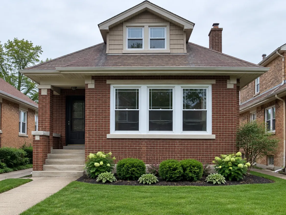Brick bungalow with new white double-hung windows