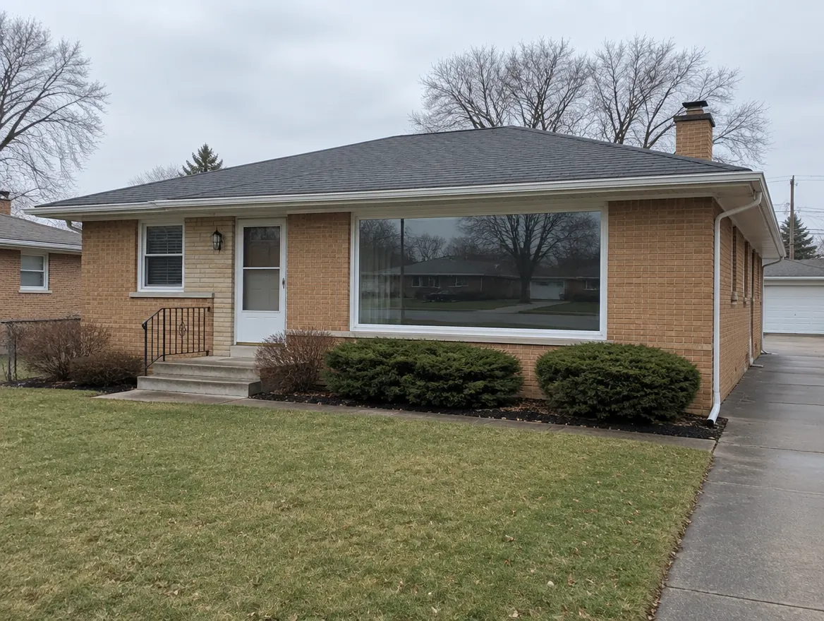 Brick ranch home with a wide fixed picture window across the living room