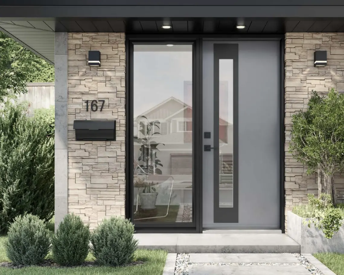Steel front entry door with sidelights and transom
